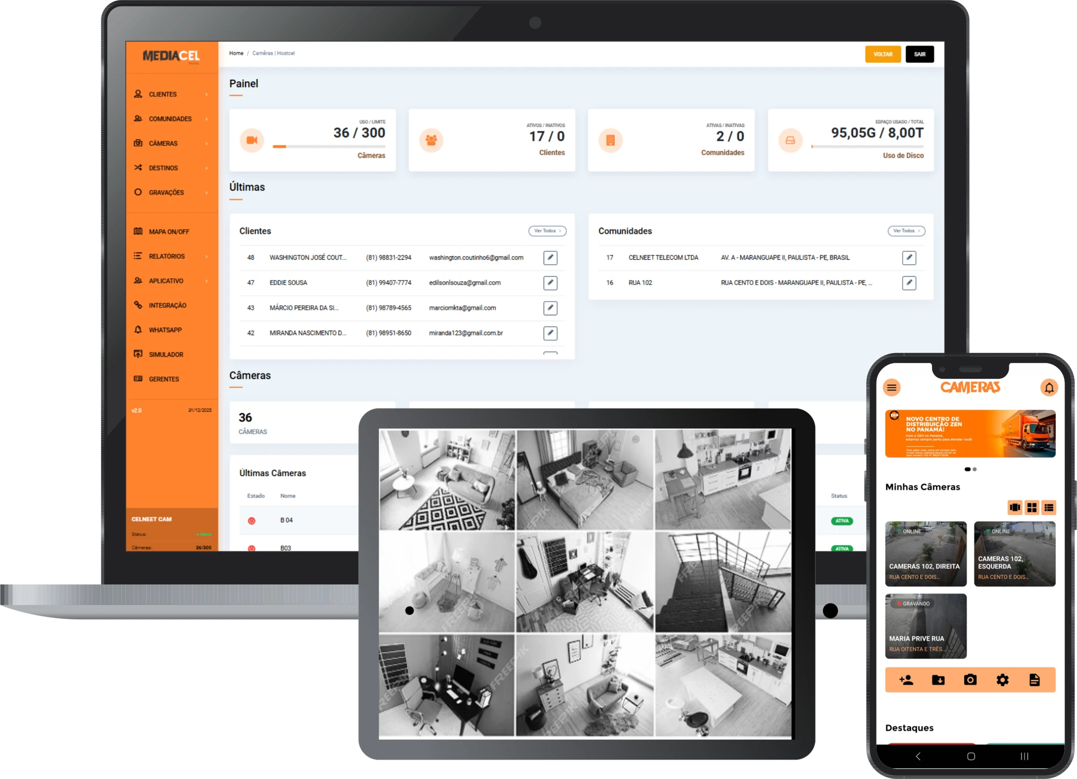 Painel de gerenciamento e aplicativo de câmeras white-label da Hostcel — em notebook, tablet e celular