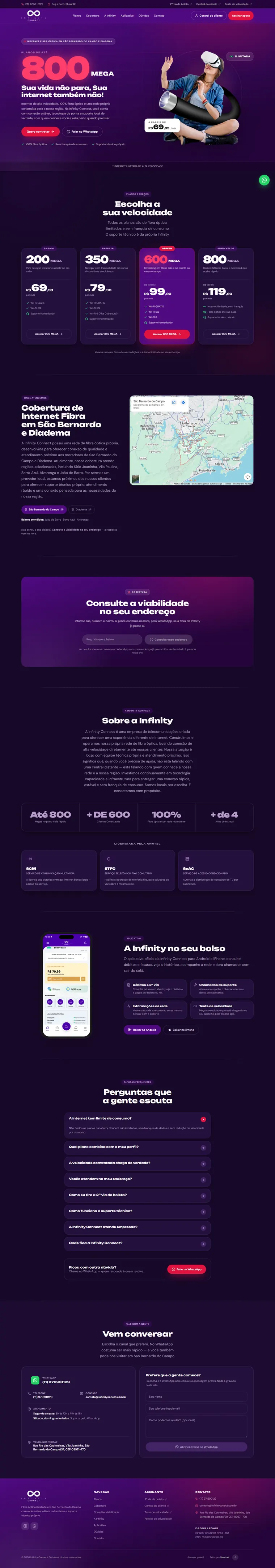 Site do provedor de internet Infinity Connect criado pela Hostcel