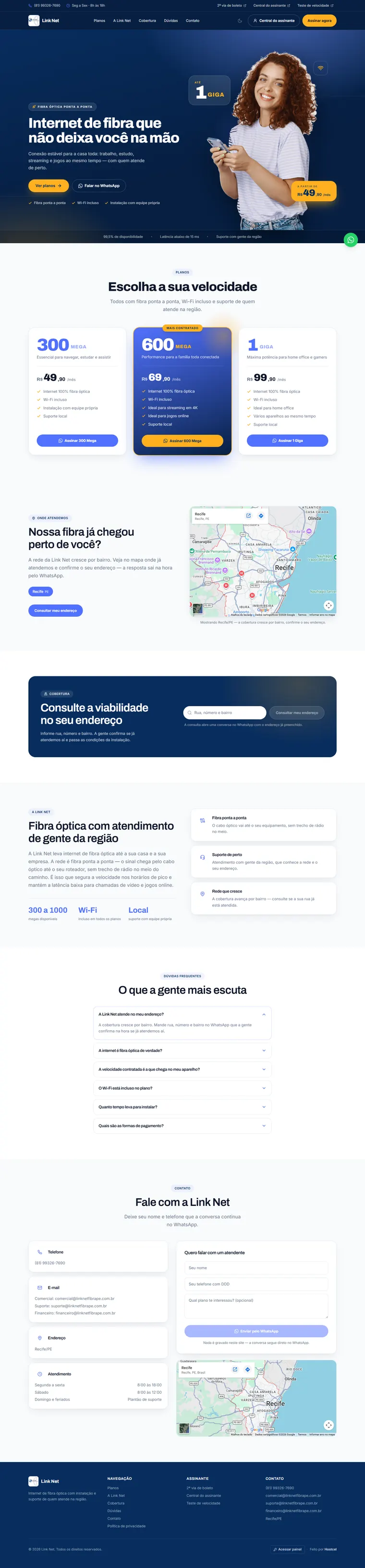 Site do provedor de internet Link Net criado pela Hostcel