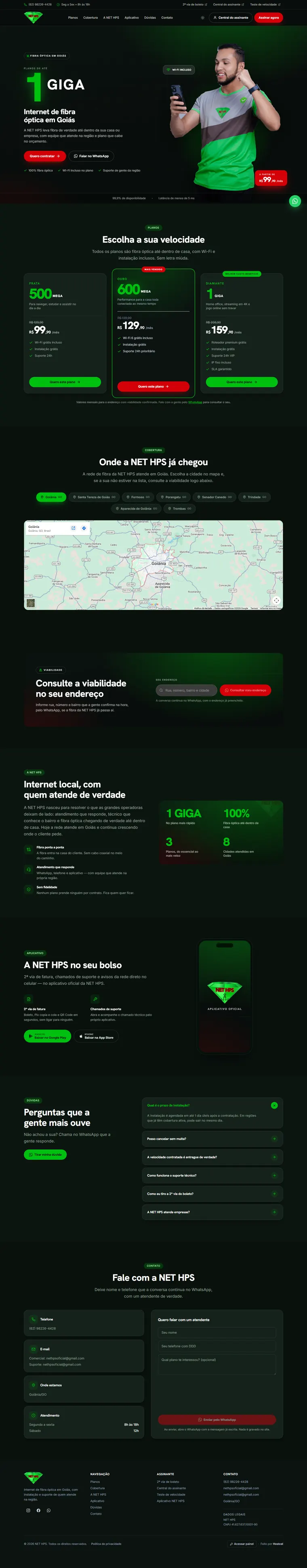 Site do provedor de internet NET HPS criado pela Hostcel