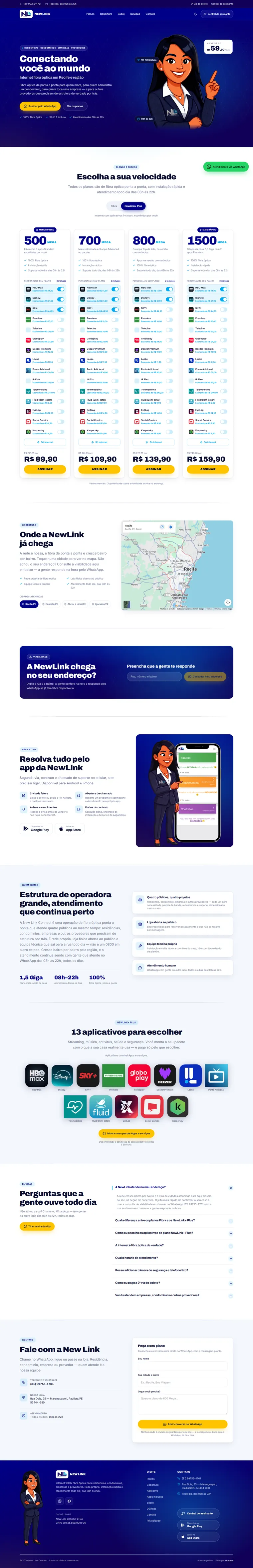 Site do provedor de internet New Link Connect criado pela Hostcel