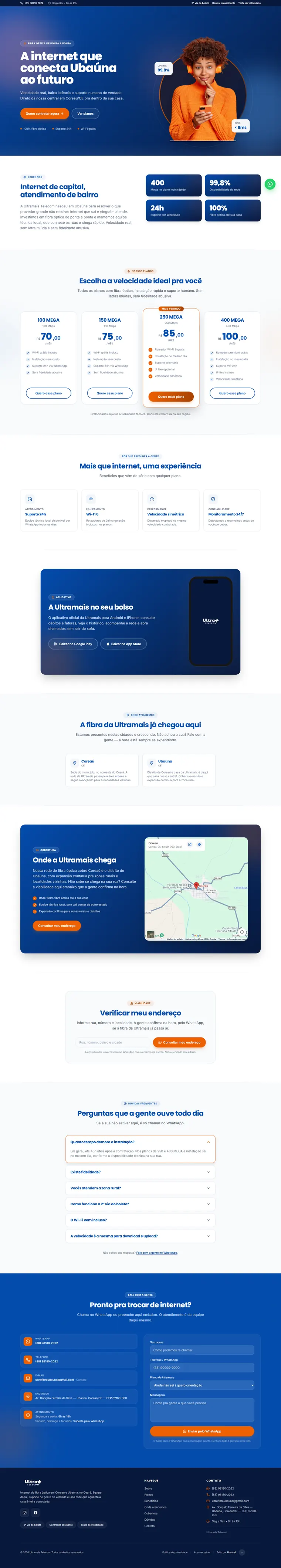 Site do provedor de internet Ultramais Telecom criado pela Hostcel